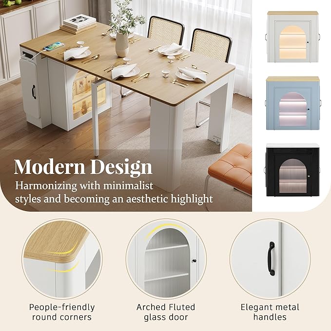 Extendable Mobile Kitchen Island, Power Outlet & Storage Cabinet with 3 Removable Leaves for Dining and Living Room,Natural