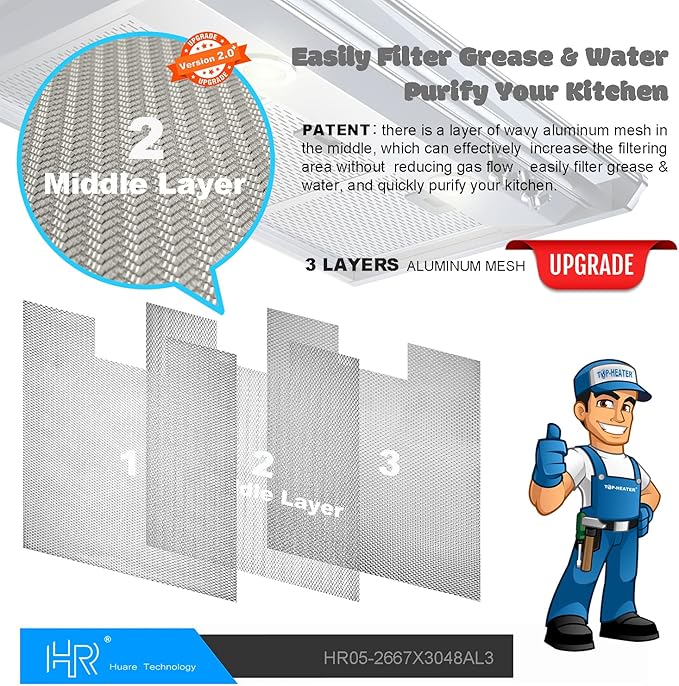 Upgraded W10169961A Range Hood Filter Replacement, Fits Whirlpool, Ikea, Kitchen Aid, Jenn Air, Aluminum Mesh Hood Grease Filter 10.5x12Inch, HR Huare Technology Aluminum Range Hood Vent Filters,1PCS