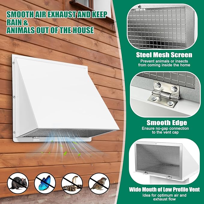 White 10 Inch Hooded Wall Vent with Screen and Damper Exterior Exhaust Vent Cover Cap