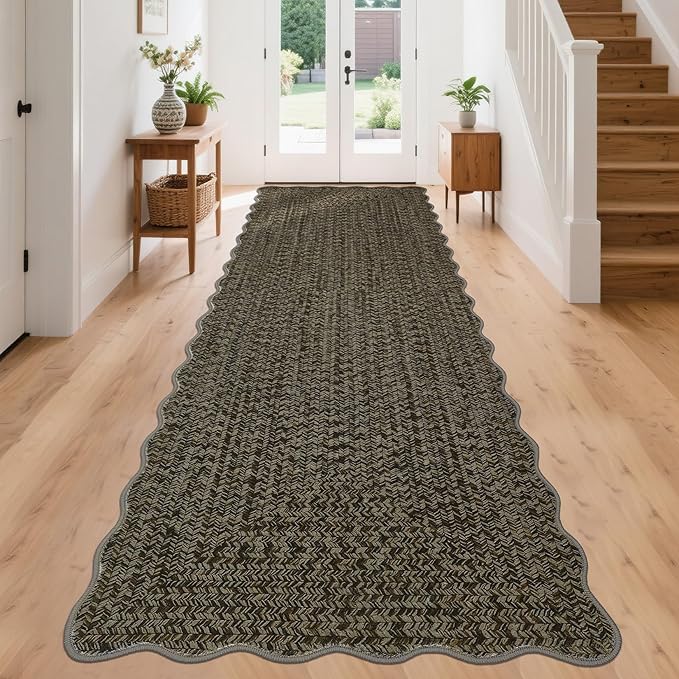 Imitation Braided Collection-Print Hallway Runners 2x10 Washable Area Rug, Farmhouse Rustic Area Rug with Non Slip Backing, Soft Low Pile Indoor Carpet Runners for Entryways, Laundry Room