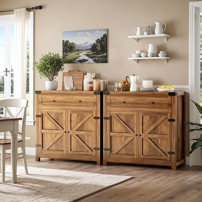 YESHOMY Coffee Bar and Accent Cabinet, Farmhouse Barn Door Buffet Sideboard with Drawer and Adjustable Shelf, Wide Desktop for Kitchen, Dining Room, Bathroom, Entryway, Brown＆Rustic