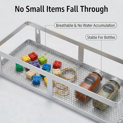 PUSDON 2-Pack Minimalist Shower Caddy Wall Mount, Open Frame Bathroom Shelf Organizer with Mesh Base, Rustproof Floating Spice Rack for Kitchen, Holds 50 LBS, 4 Hooks - Silver Gray, Guardrail