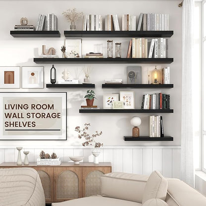 Venusmiles Floating Shelves for Wall, Engineered Wood Wall Shelves with Invisible Brackets for Living Room Bedroom Bathroom Office Kitchen Decor and Storage (Black, 36" W x 9" D x 1.5" H) Set of 2