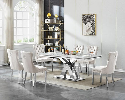 68" Faux Marble White Dining Table for 6-8, Modern Dining Room Table with 0.71" Marble Printing MDF Top and X-Shaped Silver Stainless Steel Base, Rectangle Kitchen Dinner Table
