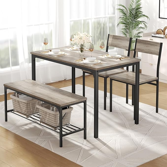 DUMOS Dining Table, Dining Table Set for 4 with Bench, Easy to Assemble Kitchen Table, Space-Saving Ideal 4-Person Set for Dining Room Kitchen Apartment Corner Gray 4 Pack