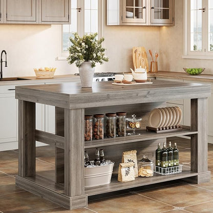 Tribesigns 55" Kitchen Island with Seating and Storage, 3-Tier Farmhouse Wood Stationary Island Table with Large Worktop & Leg Room, Coffee Bar Table with Storage Shelves for Kitchen, Grey