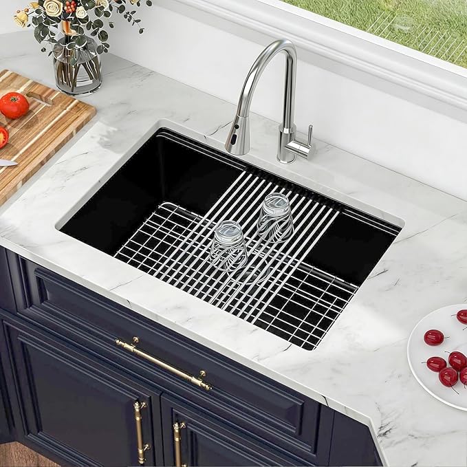 Kichae 28 inch Undermount Kitchen Sink Black - 28"x19" Granite Composite Kitchen Sink Ledge Workstation Undermount Black Quartz 10" Deep Under Counter Single Bowl Sinks