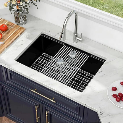 Kichae 28 inch Undermount Kitchen Sink Black - 28"x19" Granite Composite Kitchen Sink Ledge Workstation Undermount Black Quartz 10" Deep Under Counter Single Bowl Sinks