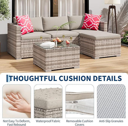 GAOMON 5-Piece All-Weather Patio Furniture Set, Convertible Outdoor Sectional Sofa with Ottoman & Tempered Glass Table, PE Rattan Conversation Set for Garden, Backyard, Porch, Poolside