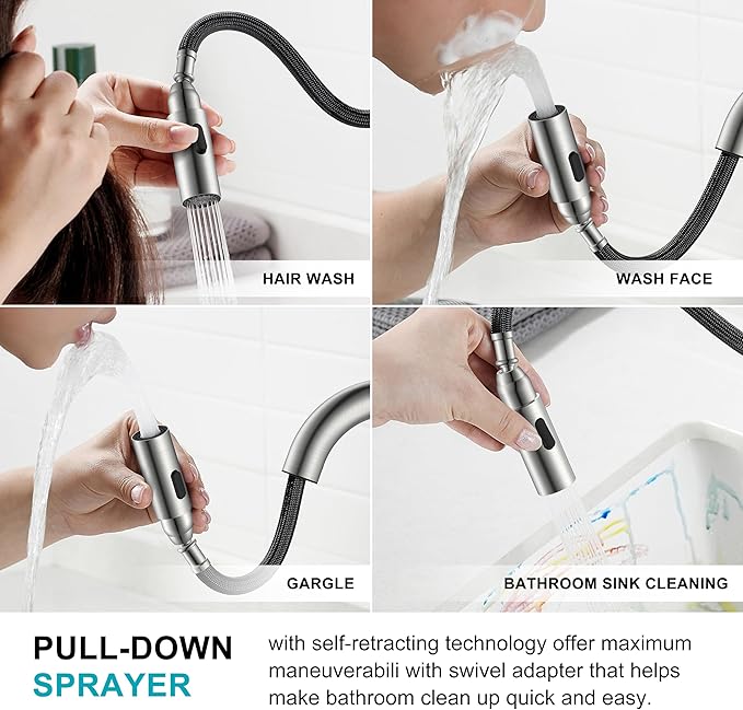 KENES Brushed Nickel Pull Down Bathroom Faucet, 4 Inch 2 Handle Centerset Bathroom Faucet 3 Hole with Pull Out Sprayer, Bathroom Sink Faucet with Pop Up Drain & Supply Lines LJ-9069