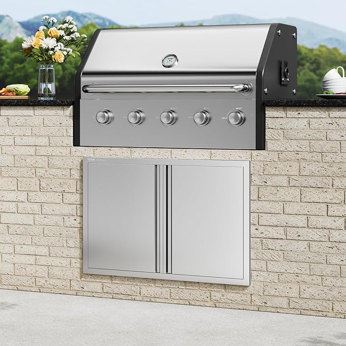 VEVOR BBQ Access Door, 36W x 24H Inch Double Outdoor Stainless Steel Flush Mount Vertical Door with Recessed Handles for BBQ Island, Grilling Station