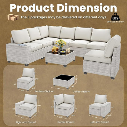 olimix 8 Piece Outdoor Patio Furniture Set, Outdoor Sectional Furniture, Rattan & Wicker Modern Modular Conversation Set Sofa Couch W/Water Resistant Washable Thick Cushions and Coffee Table, Beige