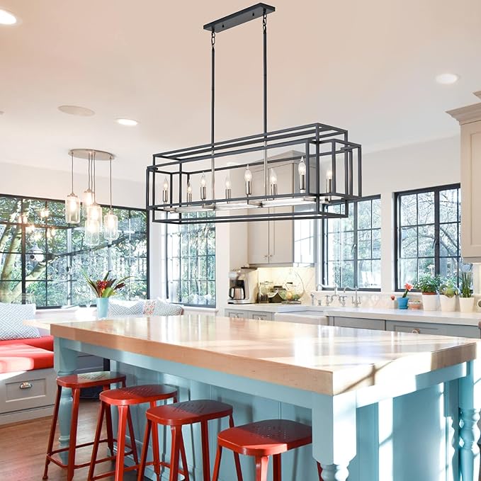 WJShome Kitchen Island Lighting, 8-Light Farmhouse Chandeliers for Dining Room, Modern Dining Room Light Fixtures Over Table, Linear Pendant Lights Kitchen Island（Black & Brushed Nickel）