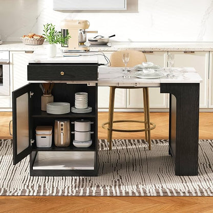 59.5" Kitchen Island with Extendable Dining Table,Double-Sized Storage,2 Drawers, Power Outlet, Side Open Shelves,for Kitchen Dining Room (Black#2)