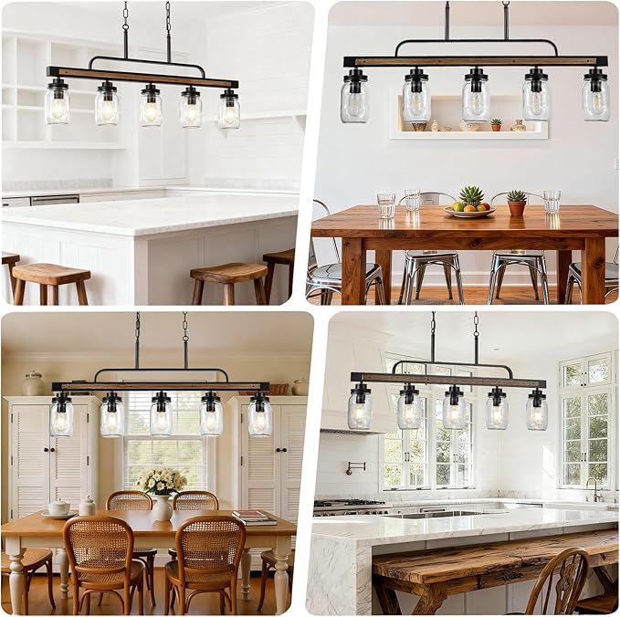 5-Light Rustic Farmhouse Dining Room Light, Black Mason Jar Chandelier Lighting Fixture for Kitchen Island, Dining Room, Cluster Hanging Pendant Light with Jar Glass Shade