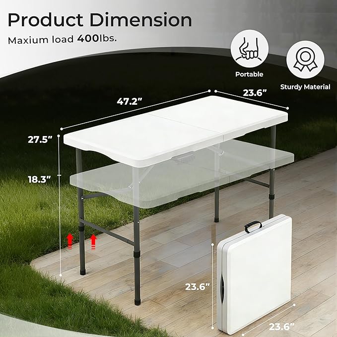 Folding Table Portable Folding Tables Heavy Duty 400 lbs Capacity, Wood Grain Tabletop for Working Meeting Parties, Picnic, Camping, Weddings, Garden Dining (4FT-White)