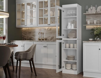 Palace Imports Solid Wood Kitchen Pantry Cabinet w/Glass Doors - Narrow Storage Cabinet - 16.5" Wide x 71.5" Tall - White, Adjustable Shelves, 100% Eco-Friendly Wood, Modular Cabinets