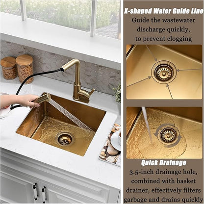 15 Inch Gold Undermount Bar Sink, 15x15 Bar Sink Undermount Gold Small Wet Bar 18 Gauge Single Bowl Stainless Steel Kitchen Sinks with Basket Strainer