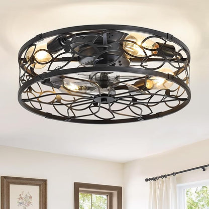 LEDIARY 20 Inch Caged Ceiling Fans with Lights, Black Flush Mount Ceiling Fan with Remote, Low Profile Bladeless Ceiling Fan Light Fixture for Bedroom, Kitchen, Dining Room