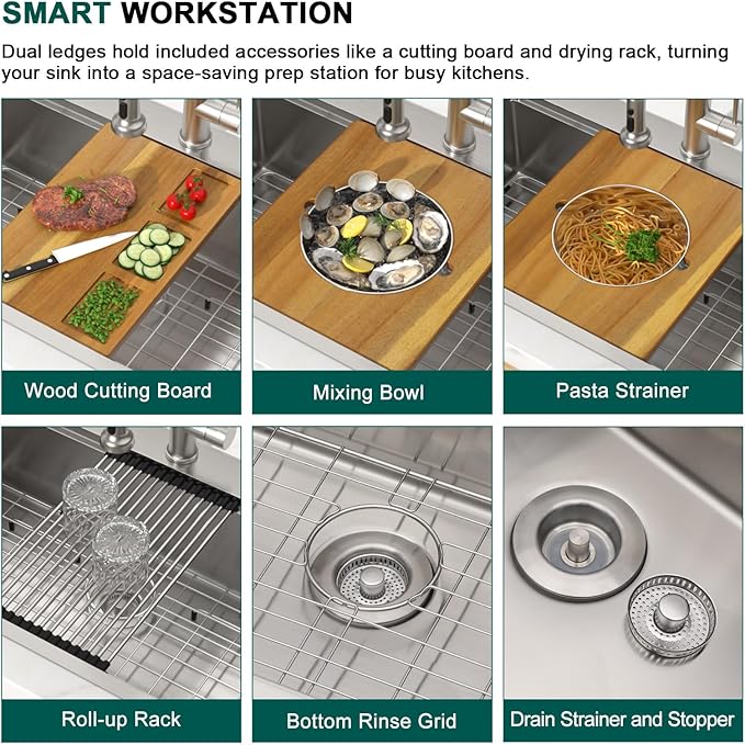 25 Inch Drop In Stainless Steel Kitchen Sink, 16 Gauge Single Bowl Workstation 3-Hole Sink with Mixing Bowl, Pasta Strainer #TLT-0047