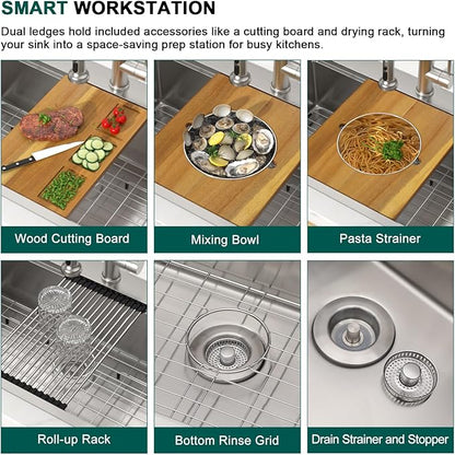 25 Inch Drop In Stainless Steel Kitchen Sink, 16 Gauge Single Bowl Workstation 3-Hole Sink with Mixing Bowl, Pasta Strainer #TLT-0047