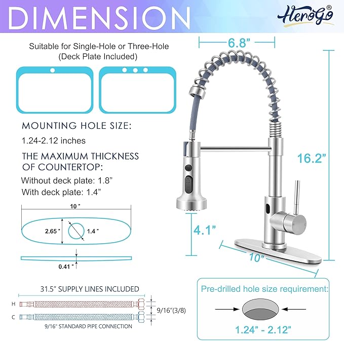 Herogo Touchless Kitchen Faucets with Soap Dispenser, Motion Sensor Activated Commercial Stainless Steel Sink Faucets with Pull Down Sprayer for Vanity RV, Brushed Nickel