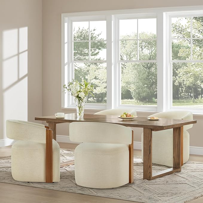 KISLOT Upholstered Dining Chairs with Casters, Modern Barrel Side Armchair with Rollers & Wooden Armrest for Dining Room, Bedroom, Kitchen, Reading Room, Sand, Set of 4
