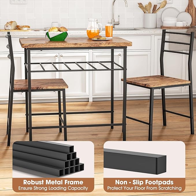 Fenbeli 3 Piece Dining Table Set - Small Kitchen Table & Chair Sets for 2, Breakfast Table Set w/Steel Frame, Built-in Storage Rack for Dining Room, Living Room, Apartment (Brown, Small)