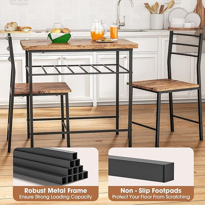 Fenbeli 3 Piece Dining Table Set - Small Kitchen Table & Chair Sets for 2, Breakfast Table Set w/Steel Frame, Built-in Storage Rack for Dining Room, Living Room, Apartment (Brown, Small)