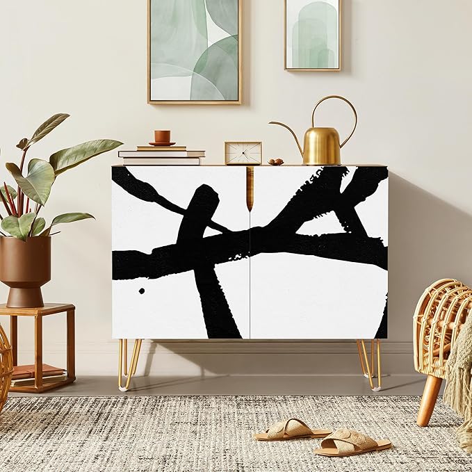 SIGNWIN Sideboard Buffet Cabinet, Kitchen Storage Cabinet with 2 Doors, Grunge Industrial Paint Strokes, Cupboard Console Table for Dining Room - 35" L x 18" W x 29" H