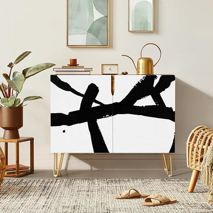 SIGNWIN Sideboard Buffet Cabinet, Kitchen Storage Cabinet with 2 Doors, Grunge Industrial Paint Strokes, Cupboard Console Table for Dining Room - 35" L x 18" W x 29" H