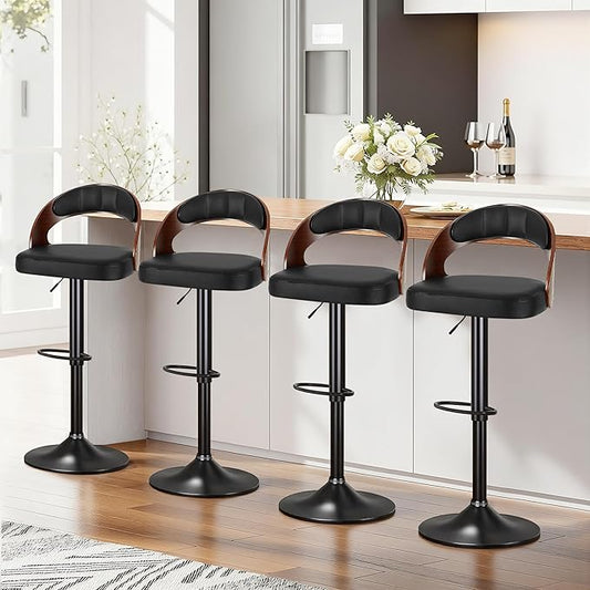 VECELO Bar Stool Set of 4, Kitchen Island Stools with Bentwood Back,Arm&Footrest,Island Chairs Adjustable Height PU Leather Cushion Seat,360°Swivel Bar Stools for Kitchen Counter,Club Pub,Black