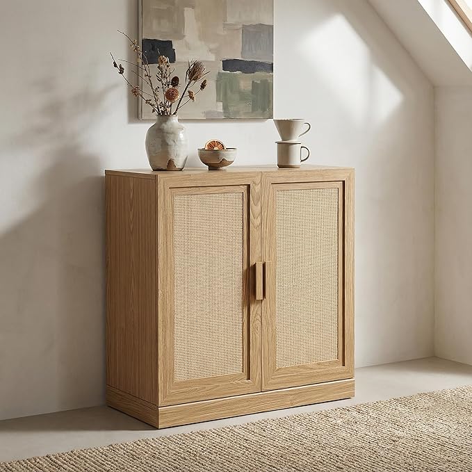 Casaphoria Adam Sideboard Buffet Cabinet with Storage, Sideboard Cabinet with Rattan Doors & Adjustable Shelves, 31" W x 36" H Coffee Bar for Entryway Kitchen Living Room, Oak