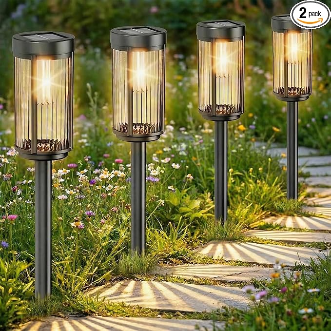 Sparkblaze 2 Pack Solar Garden Lights Outdoor, Decorative Solar Pathway Lights for Yard Auto On/Off Landscape Lighting for Walkway, Lawn, Garden, Waterproof Solar Stake Lights. (2, Warm White)