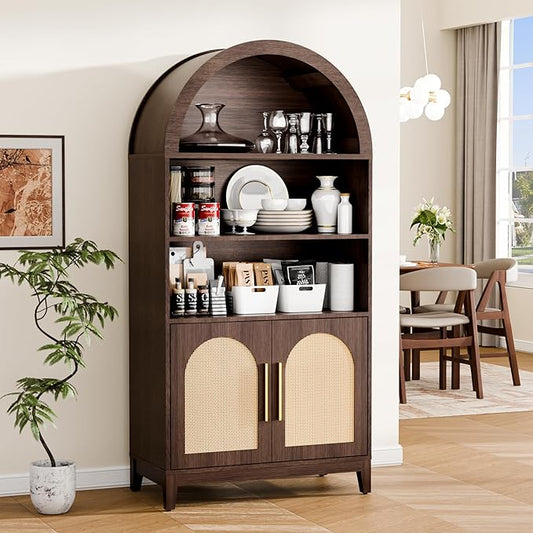 63" Tall Arched Pantry Cabinet with Doors, 5-Tier Arched Bookcase with Adjustable Shelves, Wood Storage Cabinet for Kitchen, Living Room, Office, Walnut