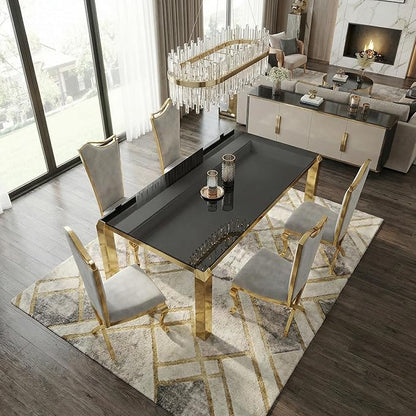 63 Inch Luxury Gold Dining Table for 4-6 People, 10mm Thick Rectangular Black Tempered Glass Top with Stainless Steel Base, Modern Kitchen Table for Dining Room