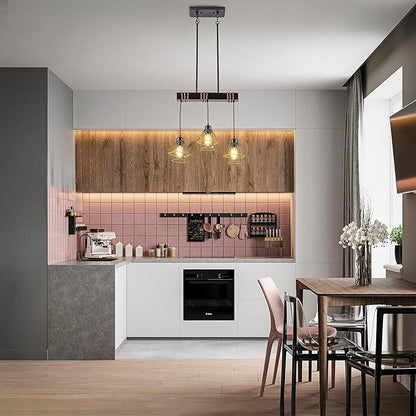 3 Light Kitchen Island Lighting, Farmhouse Chandeliers for Dining Room Light Fixtures Over Table, Modern Wood Pendant Lights Kitchen Island with Metal Lampshade