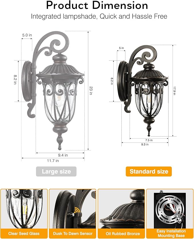 VIANIS Outdoor Lights for House Dusk to Dawn, 2 Pack Porch Lights Outside, Bronze Outdoor Light Fixture, Waterproof Exterior Lighting Fixtures for House, Doorway, Garage, Anti-Rust, Vintage Style