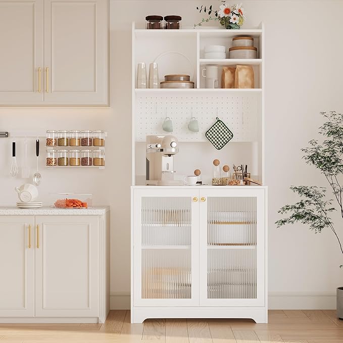 71" Kitchen Pantry Cabinet with Double Glass Doors and Pegboard, Wooden Cabinet with Open Shelves and Countertop,Kitchen Hutch with Storage for Dining Room or Living Room, White