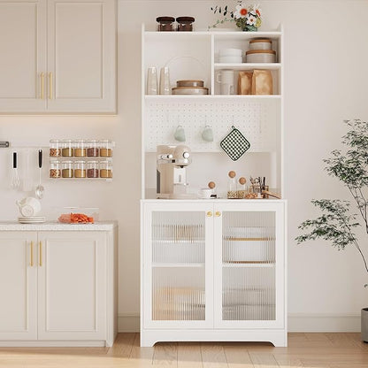 71" Kitchen Pantry Cabinet with Double Glass Doors and Pegboard, Wooden Cabinet with Open Shelves and Countertop,Kitchen Hutch with Storage for Dining Room or Living Room, White