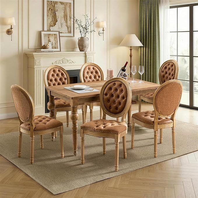SoarFlash French Dining Chairs Set of 6, Vantage Dining Chair with Round Back, Farmhouse Country PU Leather Dining Chair for Kitchen,Bedroom,Orange