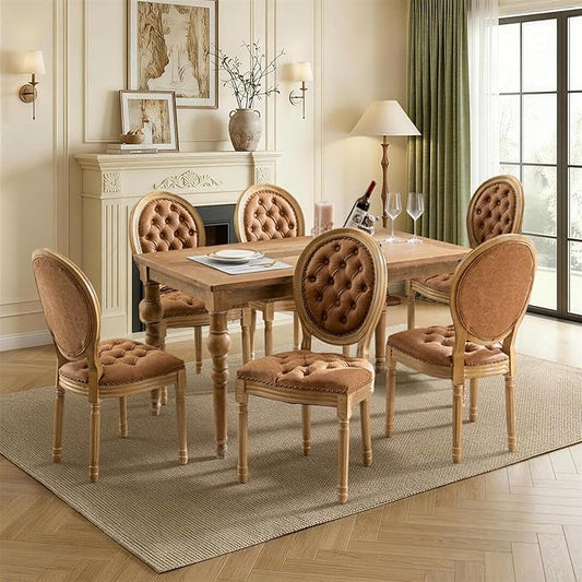 SoarFlash French Dining Chairs Set of 6, Vantage Dining Chair with Round Back, Farmhouse Country PU Leather Dining Chair for Kitchen,Bedroom,Orange