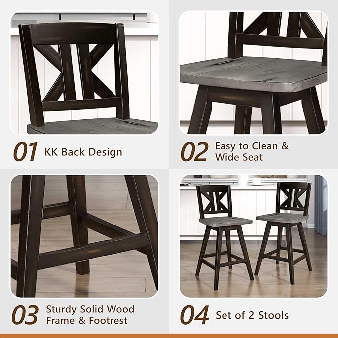 Lexicon Counter Height Stools Set of 2-Solid Wood Frame 360° Swivel Wooden Stools, Foot Rest, KK Back, Wide Seat, Distressed Farmhouse Easy to Clean Finish, 24" SH, Antique Black/Grey