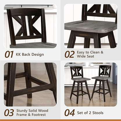 Lexicon Counter Height Stools Set of 2-Solid Wood Frame 360° Swivel Wooden Stools, Foot Rest, KK Back, Wide Seat, Distressed Farmhouse Easy to Clean Finish, 24" SH, Antique Black/Grey