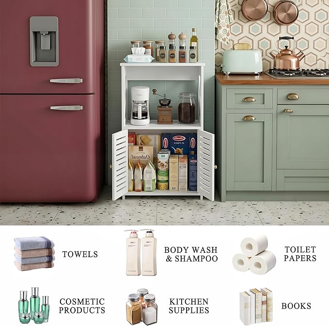 BYFU Bathroom Storage Cabinet, 3-Tier White Small Floor Cabinet Freestanding Organizer with Door and Shelf for Living Room Hallway Kitchen Small Space