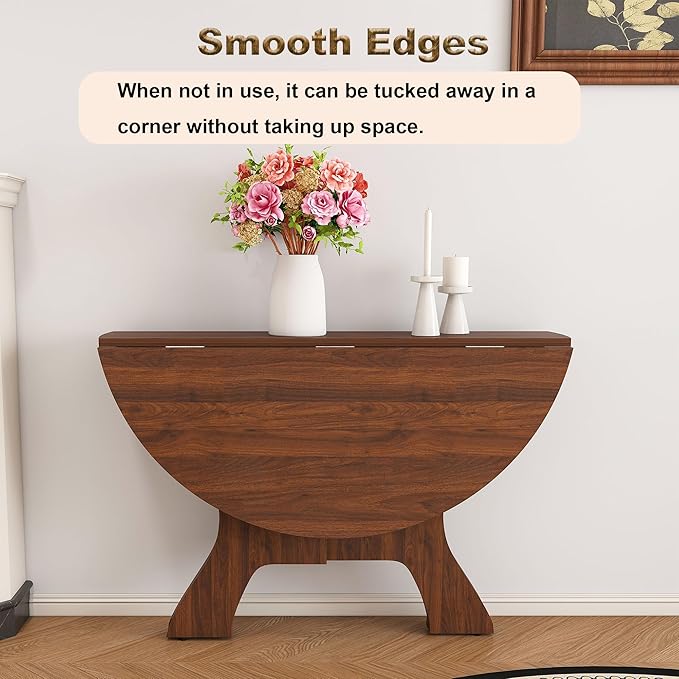 GDFStudio 43" Folding Dining Table for Small Spaces, Round Wood Kitchen Table with Walnut Veneer, Space-Saving Foldable Table for Indoor & Outdoor Use, French Country & Beach Style