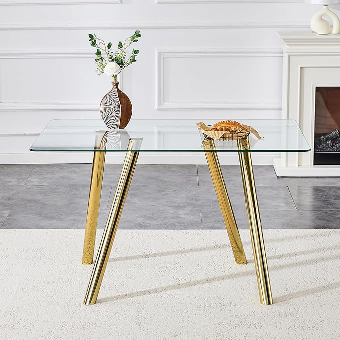 51.2 Inch Glass Dining Table for 4-6 People, Sturdy Metal Tube Legs, Glass Gold Dining Room Tabble for 4, Space-Saving Rectangular Breakfast Nook Table for Home Apartment