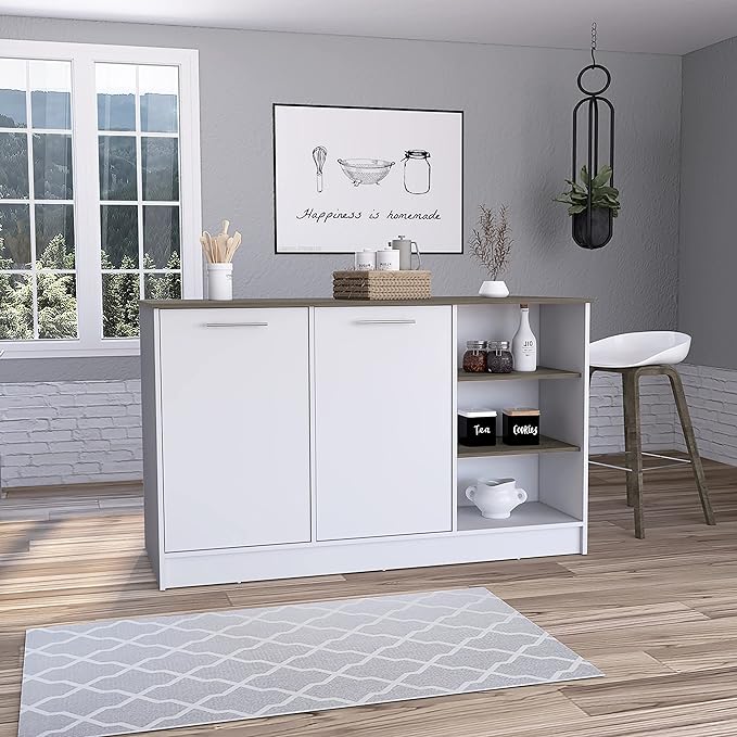 GOWE Ginger Kitchen Island, Three Open Shelves, Two Cabinets -White/Dark Brown