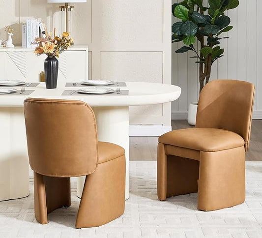 Hyfirm Modern Upholstered Dining Chairs Set of 2, Faux Leather Accent Side Dining Chairs Armless Kitchen Chairs with Curved Back Parsons Chairs for Kitchen Dining Room Living Room, Brown