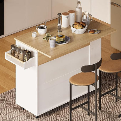 IRONCK Rolling Kitchen Island with Storage, Kitchen Cart Cabinet with Drop-Leaf & Charging Station Drawer & Shelves & Spice Rack 47" W x 30" D White